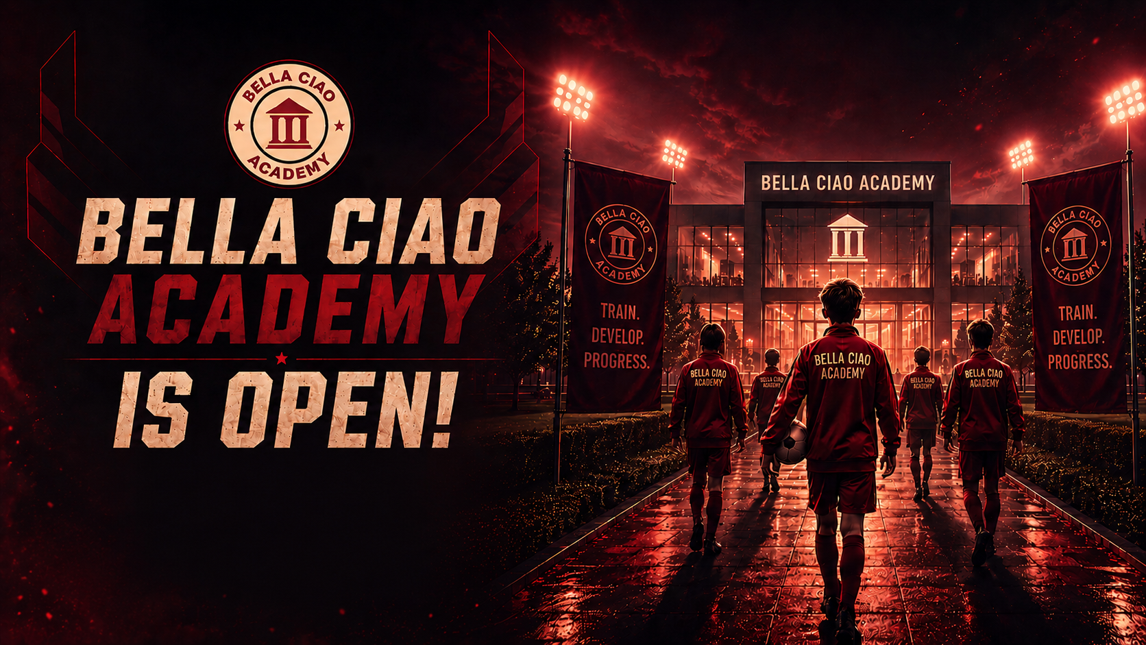 Bella Ciao Academy players walking towards the academy building under floodlights